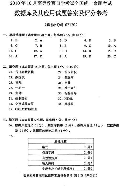 2010年10月自考数据库及其应用参考答案