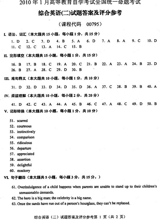 全国2010年1月自考综合英语（二）试题及答案