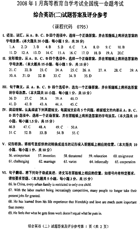 全国2008年1月自考综合英语（二）试题及答案