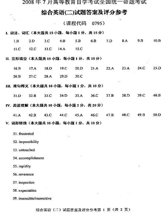 全国2008年7月自考综合英语（二）试题及答案