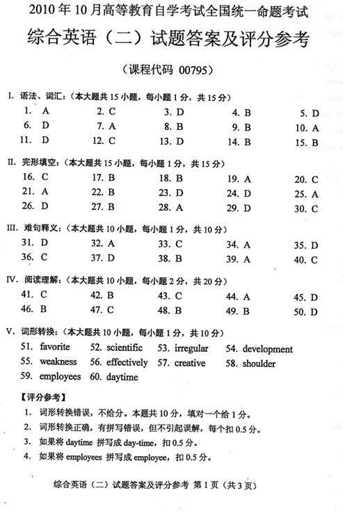 全国2010年10月自考综合英语（二）试题及答案