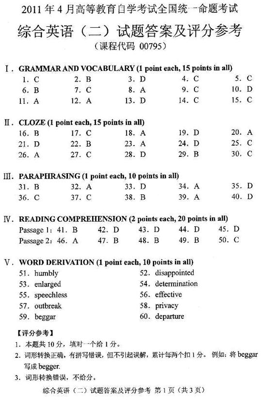 2011年4月自考综合英语（二）试题及答案