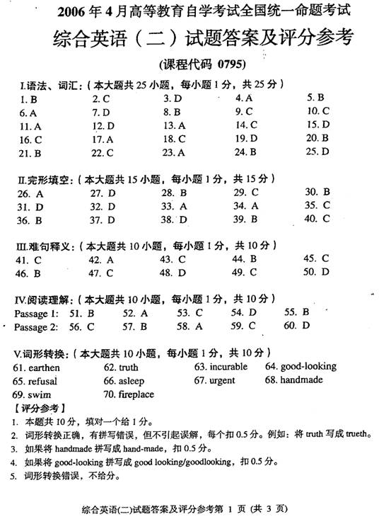 全国2006年4月自考综合英语（二）试题及答案