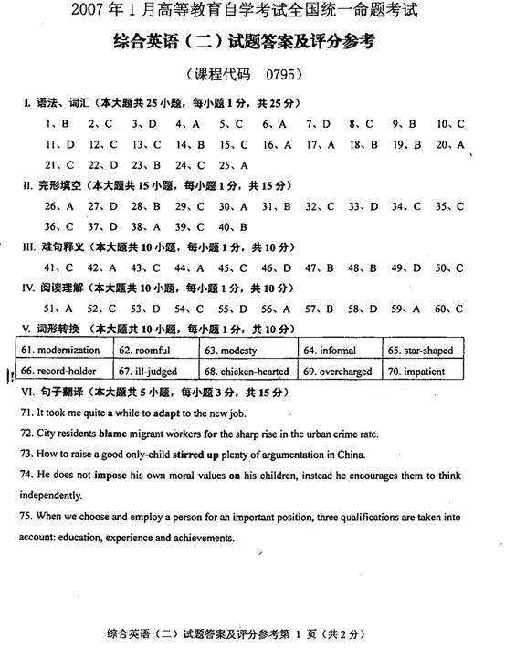 全国2007年1月自考综合英语（二）试题及答案