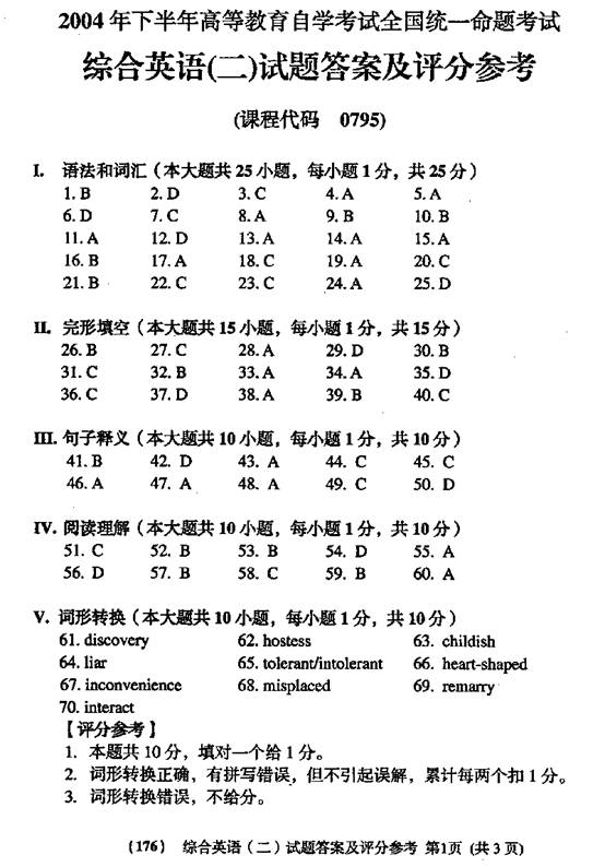 全国2004年10月自考综合英语（二）试题答案