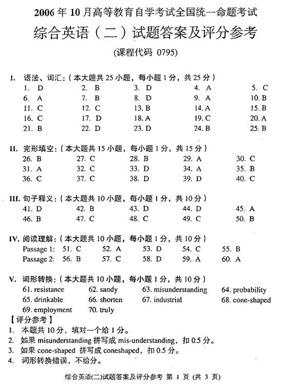 全国2006年10月自考综合英语（二）试题及答案